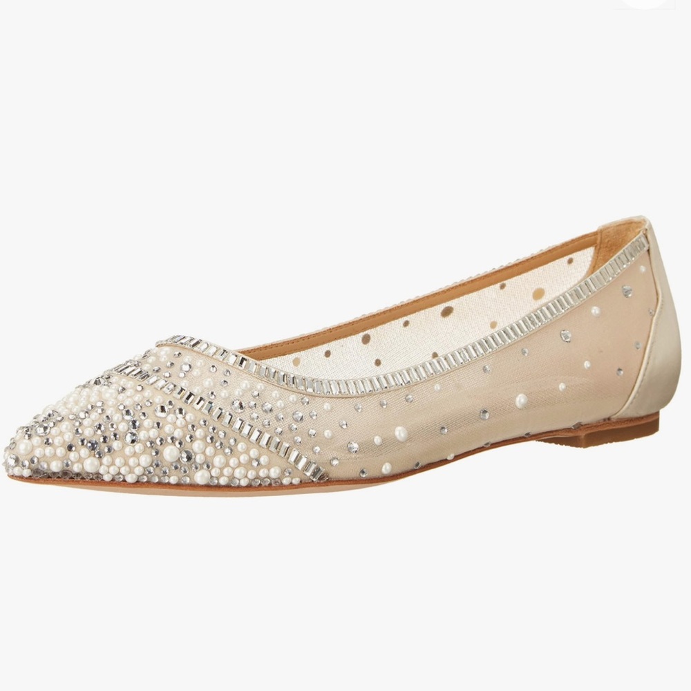 Badgley Mischka ~ Babette ~ Bejeweled Mesh Flat ~ Ivory Satin ~ Womens Size 8 - Picture 16 of 17